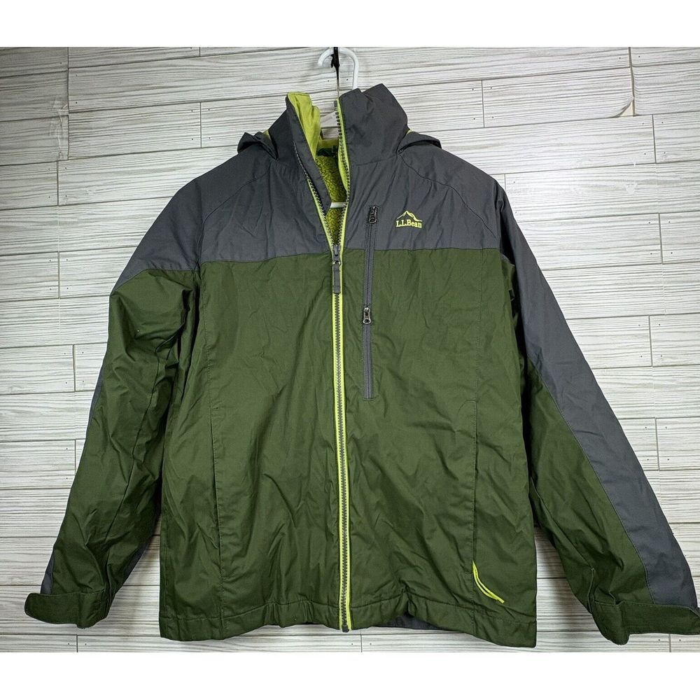 L.L. Bean Boys Windbreaker Jacket Gray Green Fleece Insert Youth Size Lg 14-16